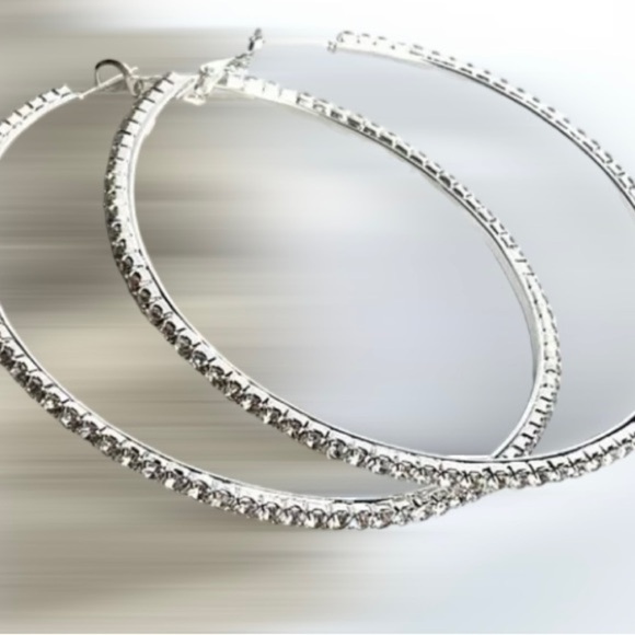 NEW~ Anthropologie Pavé Crystal Silver Hoop Earrings - Picture 5 of 8